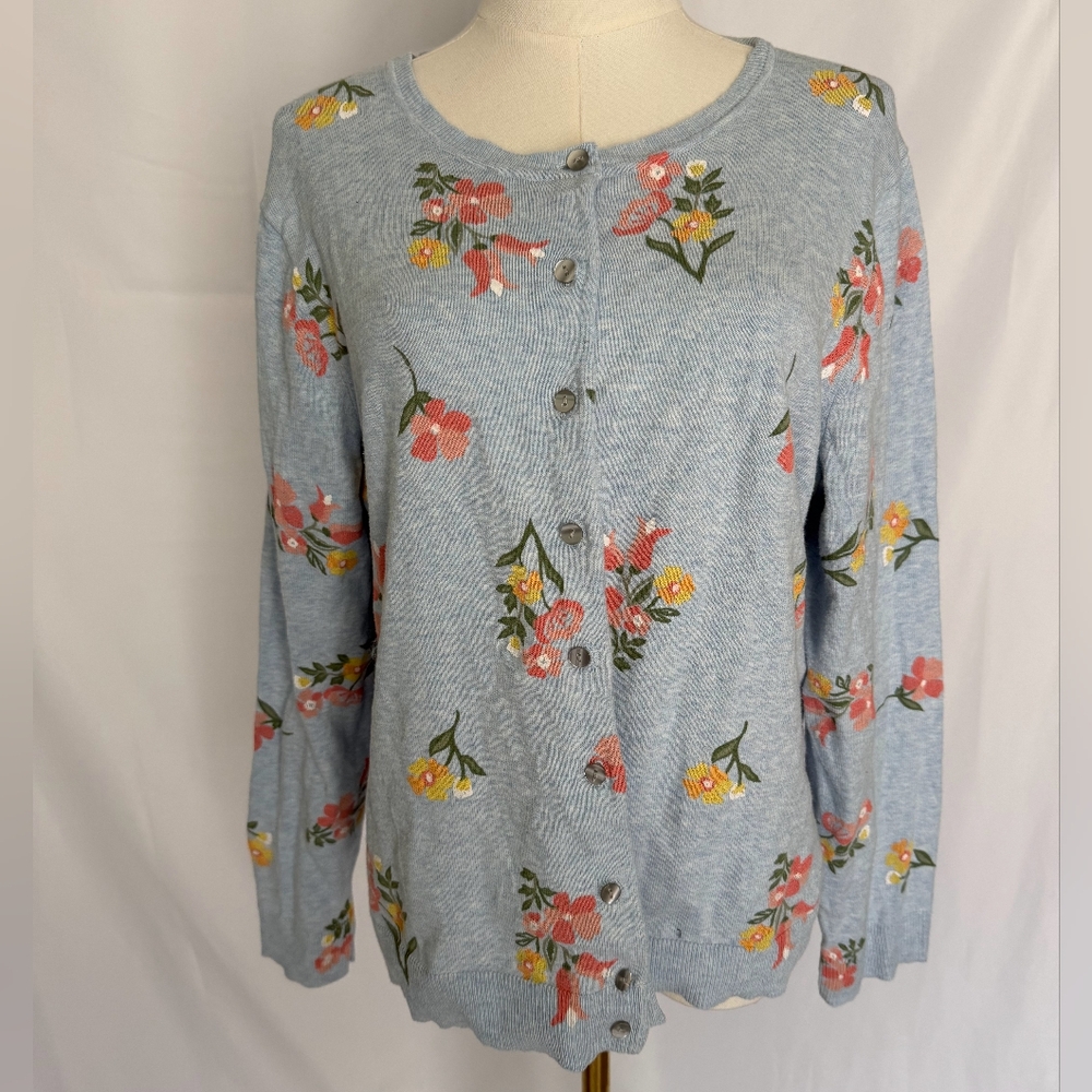 ❤️3/$12 Karen Scott Floral Button Up Cardigan Light Blue Knit XL
